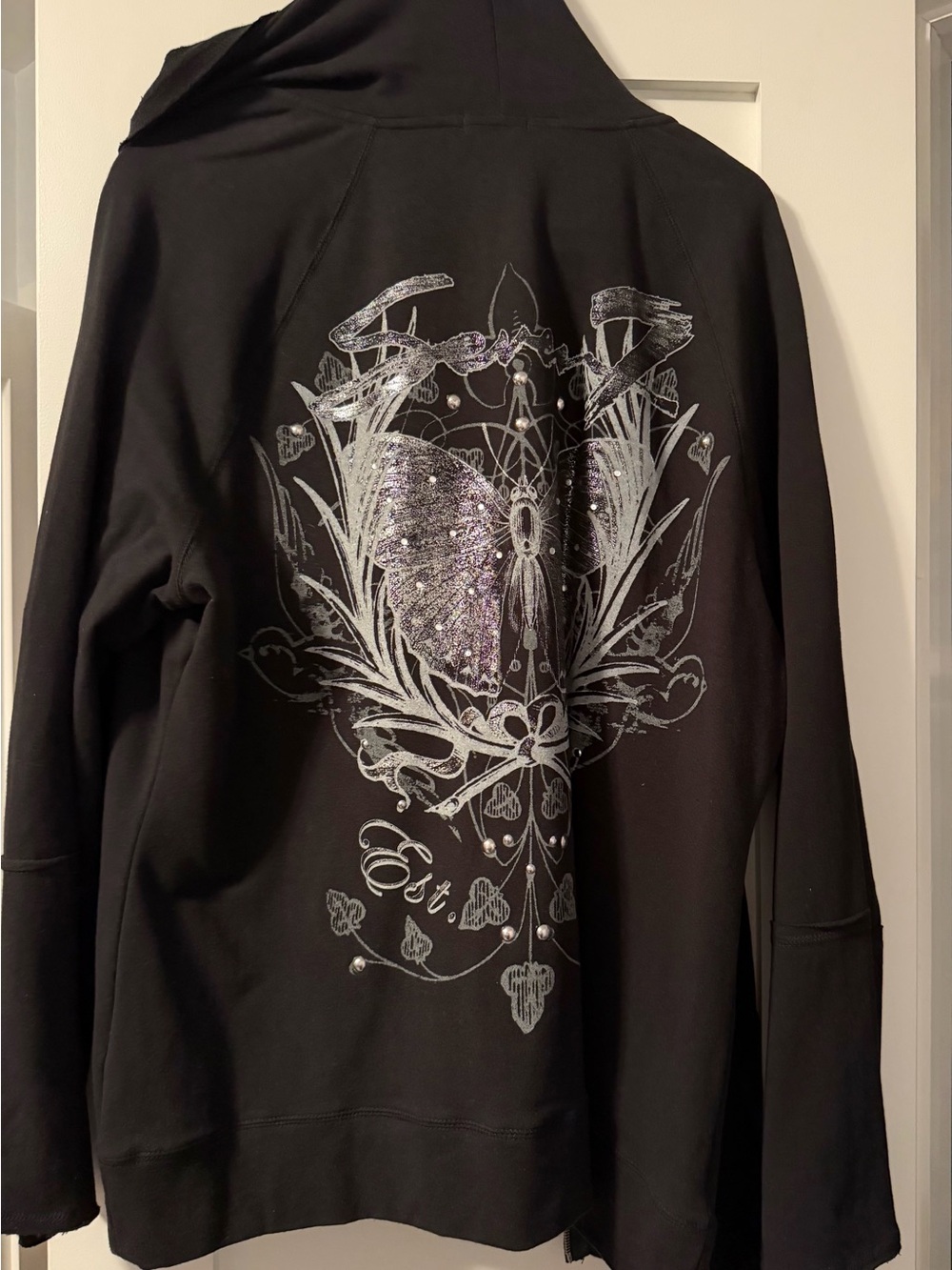 Lane Bryant Black Hoodie Sweater with Silver and Purple Butterfly Back Graphic